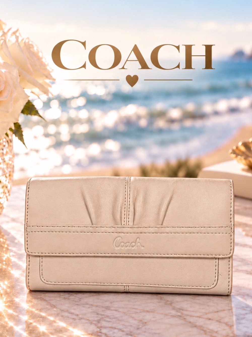Coach Cream Leather Fold-Over Clutch Wallet